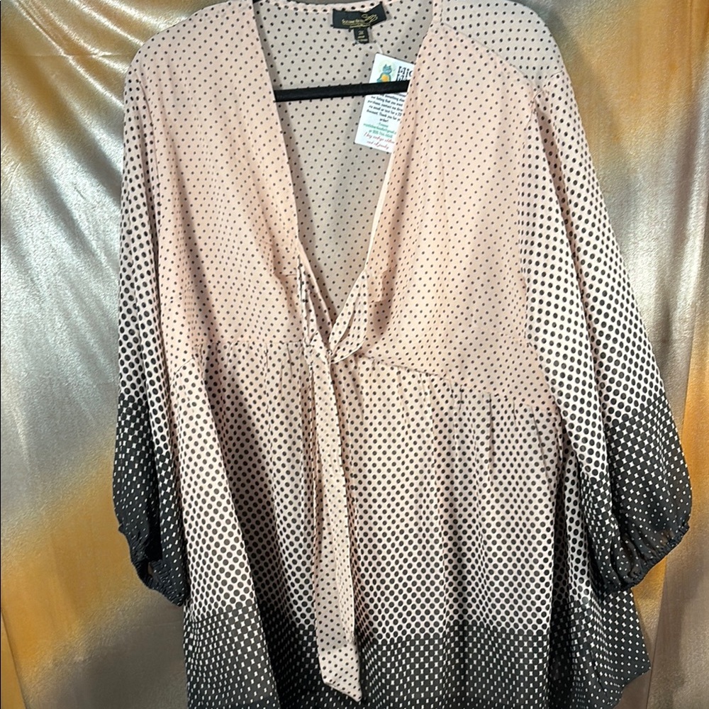 Suzanne Betro Black and pink Polka Dot Blouse 3x. G1 sheer sleeves.